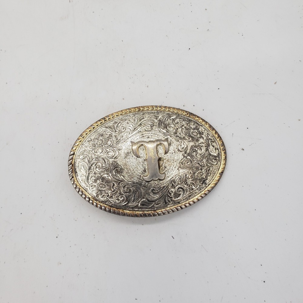 Aminco Heritage Collection T Initial Silver and Gold Plated Western Belt Buckle
