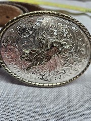 Vintage Metal Belt/Buckle Silver and Brass Bronco Rodeo Bull Riding Cowboy USA