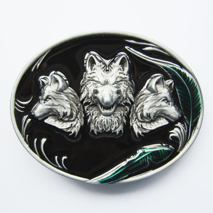 Wolf Wolves Western Green Leaf Black Enamel Metal Belt Buckle