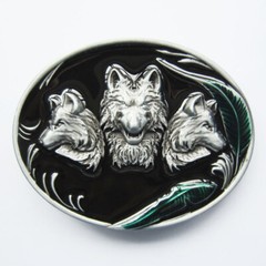 Wolf Wolves Western Green Leaf Black Enamel Metal Belt Buckle