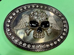 Skull Wings Crossbones with Clear Rhinestone Halloween Gothic LARGE Belt Buckle