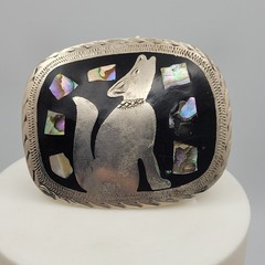 Mexican Alpaca Silver Belt Buckle Howling Wolf Coyote Black Enamel Abalone Inlay