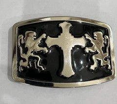 Mens Belt Buckle Black Silver With Double Lions and Cross 4×3” Vintage