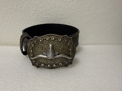 Men’s Size 33&Prime;-38&Prime; Brown Embossed Western Belt W/ Longhorn Buckle, Studded Edge