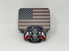 Texas Pride Belt Buckle with USA Flag Container – Western Belt Buckles for Men