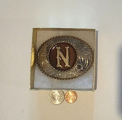 Vintage Metal Belt Buckle, Brass and Enamel, Letter N, Initial N Nice German