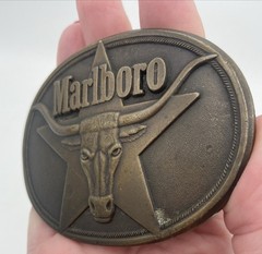 VINTAGE Marlboro Belt Buckle Mens Solid Brass Longhorn Star Western 1987