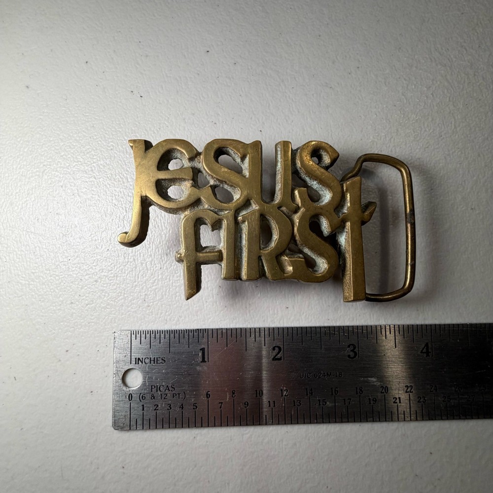 Vintage Jesus First Solid Brass Belt Buckle Christian Religious Taiwan Gold Tone