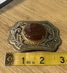 Vintage Western Belt Buckle Carnelian Agate Stone Silver Tone Floral Engraving