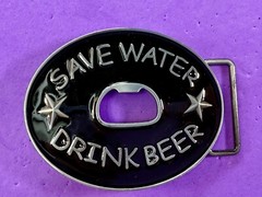 SAVE WATER DRINK BEER Novelty Black Enameled Belt Buckle with Bottle Opener