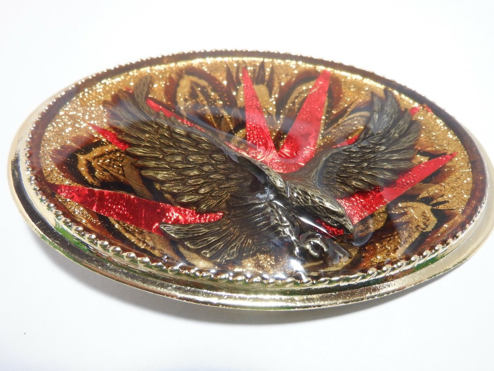 1980s EAGLE with REAL FEATHERS BELT BUCKLE MADE USA GOLD METAL RESIN VINTAGE #6