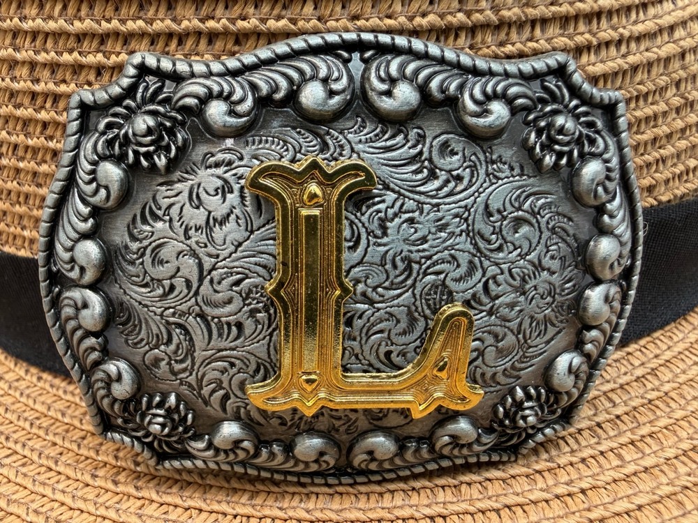 Antiqued Silver Gold Initial L Rectangle Western Cowboy Floral Vine Belt Buckle