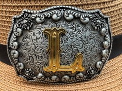 Antiqued Silver Gold Initial L Rectangle Western Cowboy Floral Vine Belt Buckle