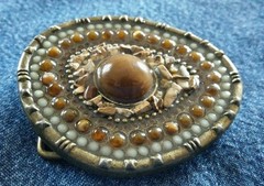 BROWN MULTI COLOR BEADED RHINESTONE STONE PIECES BELT BUCKLE DECORATIVE DESIGN