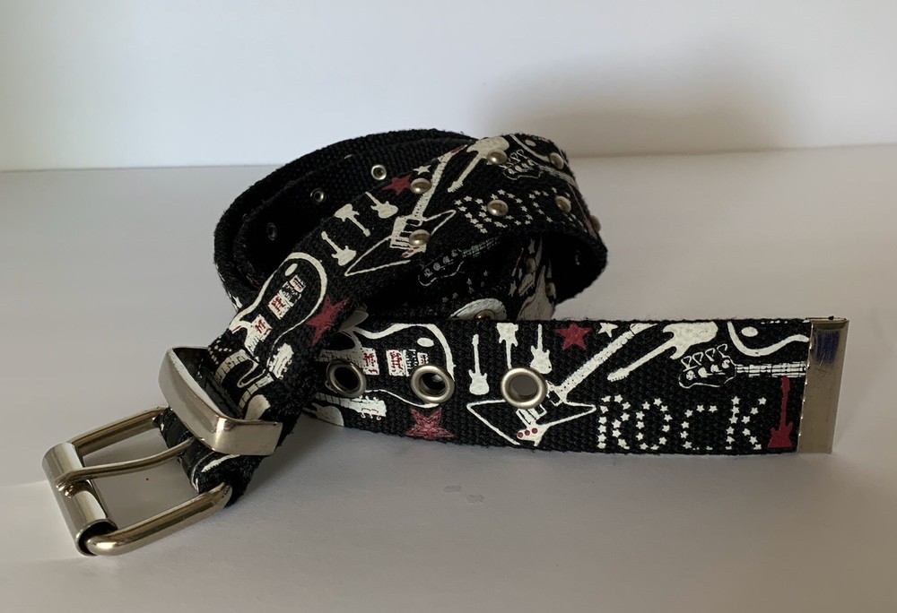 Rock Music Guitar Goth Studded Print Metal Buckle Belt Size L Relic Brand
