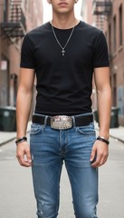 Men’s Dress Western Belt Buckle Silver Cross Rhinestone Wedding Church Formal