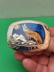 ALASKA HOWLING WOLF MOONLIGHT BELT BUCKLE HANDMADE USA GERMAN SILVER