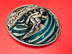 Surfer On Ocean Wave Pipeline Surfing Hang 10 – Blue Green Color Belt Buckle