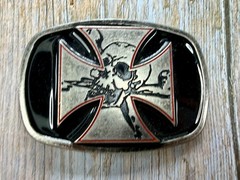 Maltese Iron Cross with Skull Cutout Black Enamel Gothic Punk Vibe Belt Buckle