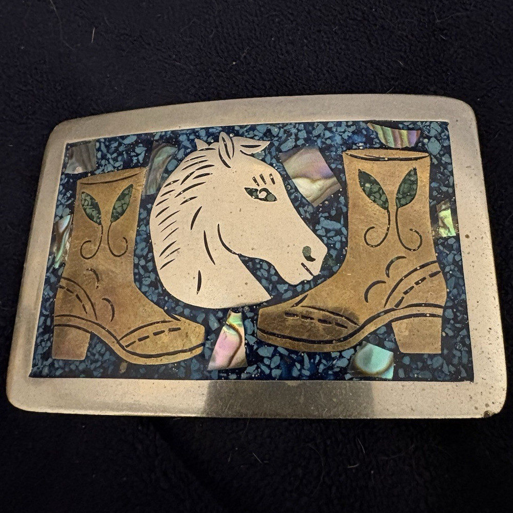 Western Metal Belt Buckle Horse Head & Cowboy Boots, Marked Mexico Silver Blue
