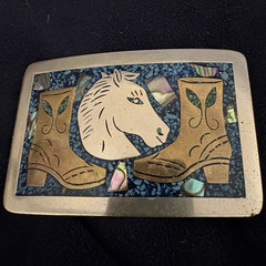 Western Metal Belt Buckle Horse Head & Cowboy Boots, Marked Mexico Silver Blue
