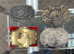 Lot Of 4 Vintage Buckles: Raintree 3D Big Horn Ram-Chambers Rodeo-2nd Amend-Semi
