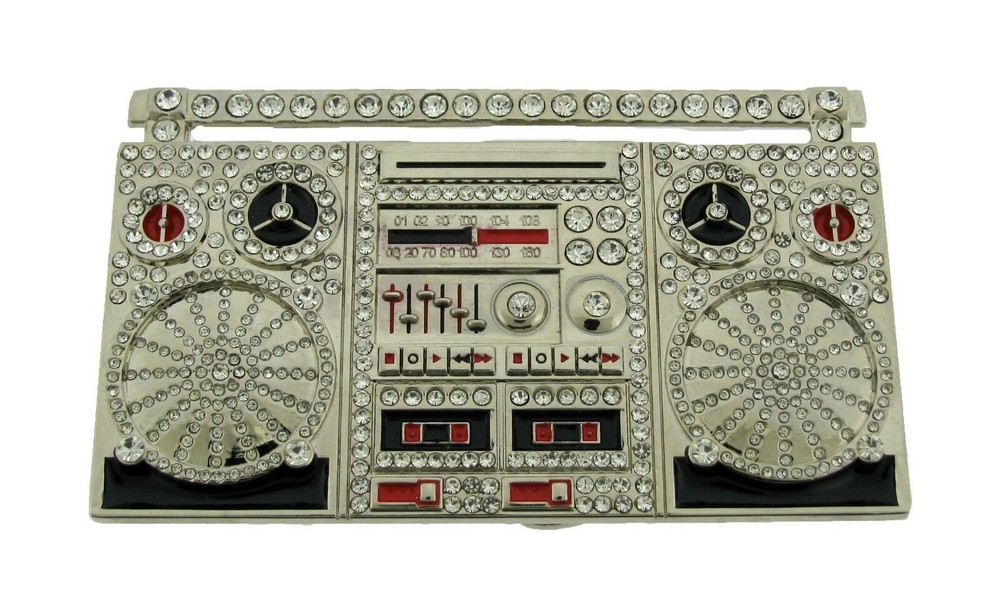 Boom Box Stereo Old School Hip Hop Belt Buckle Blinged Silver Cassette Rock Men