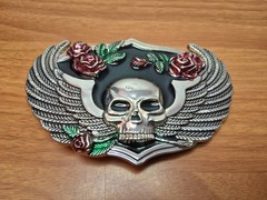 Winged Skull with Roses Metal Enamel Belt Buckle Silver Black Red fits 1.5&Prime; Belt