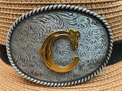 Western Cowboy Antique Engraved Initial C Rope Edge Oval Belt Buckle