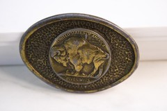Vtg Brass Buffalo Nickel Bison Hammered Oval Belt Buckle Five Cents Western 70s