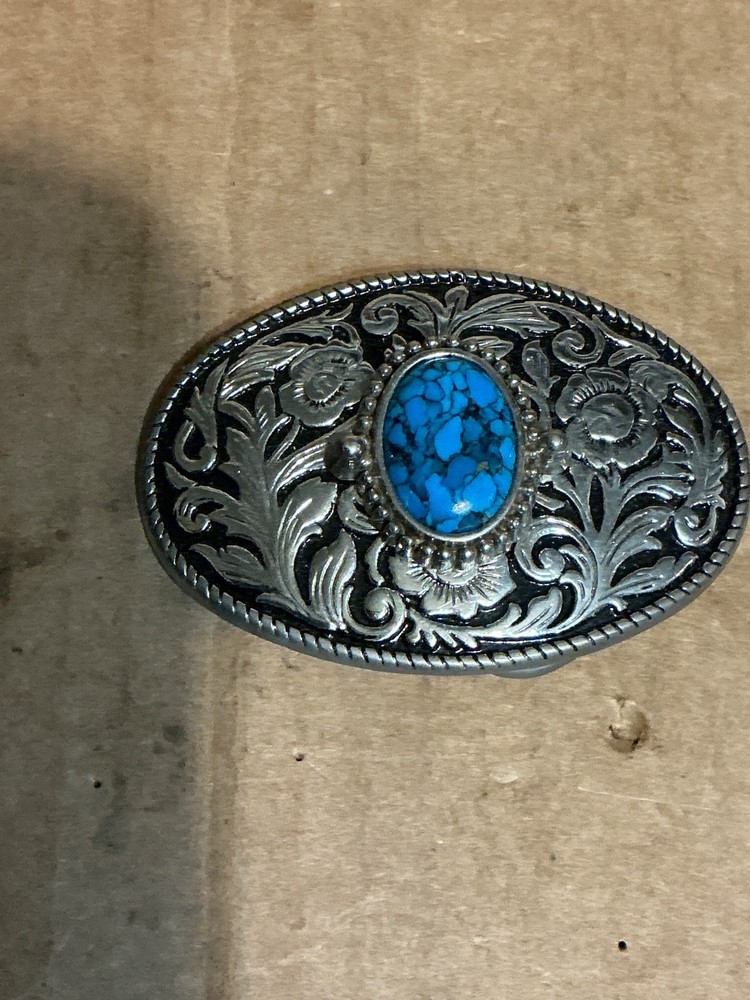 Used Metal Alloy Belt Buckle with Nice Turquoise looking Stone. Unknown Stone