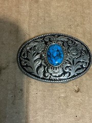 Used Metal Alloy Belt Buckle with Nice Turquoise looking Stone. Unknown Stone