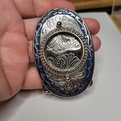 Vtg NOS Silver Dollar Coin / Gem Stone Holder Bezel Belt Buckle Blue Inlay Empty