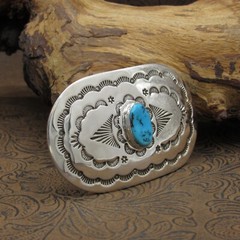 Zuni Turquoise Sterling Silver Stamp Work Buckle By Leonard & Geraldine Paquin