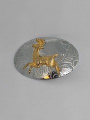 VTG Belt Buckle Crome Carved Silver Gold Belt Buckle Elk Deer Doe Shiny