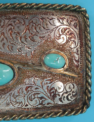 VTG Turquoise Etched Silver & Gold Tone Western Belt Buckle