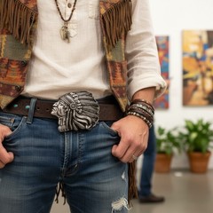 Men Women Dark Silver Metal Buckle Native American Indian Head Cowboys Fashion
