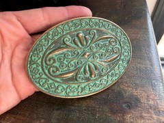 Antique Turquoise Patina Brass Belt Buckle Engraved Western Cowgirl Cowboy Style