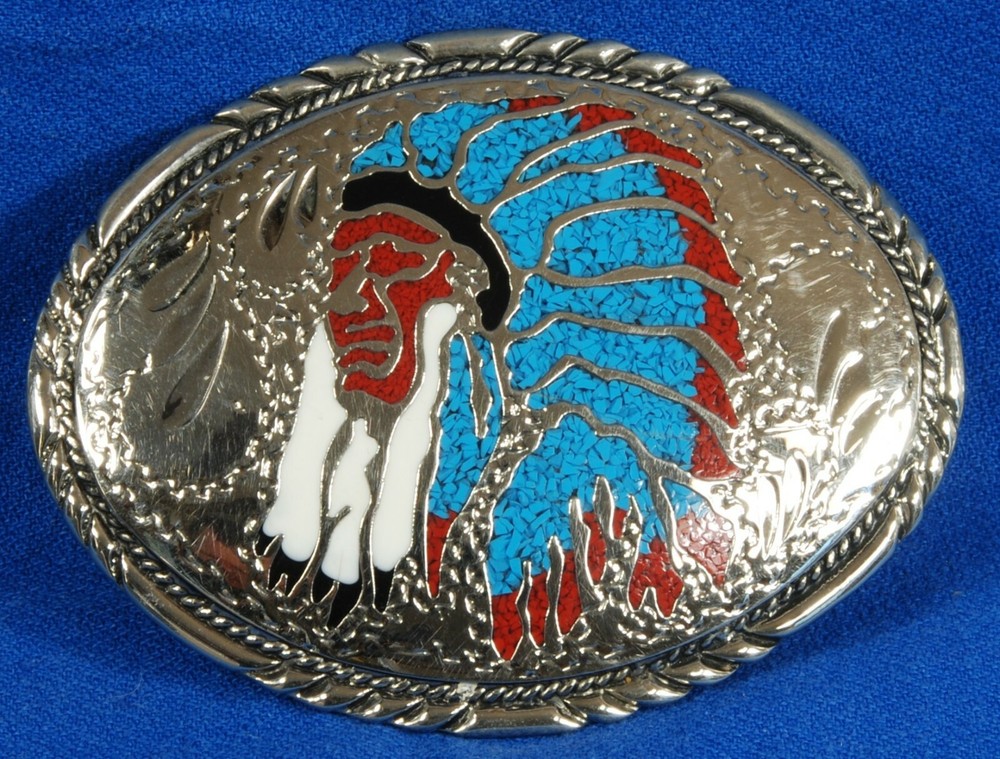 Vintage c 1988 Native American War Bonnet Belt Buckle | Inlaid Turquoise & Coral