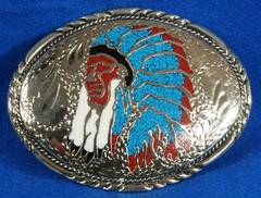 Vintage c 1988 Native American War Bonnet Belt Buckle | Inlaid Turquoise & Coral