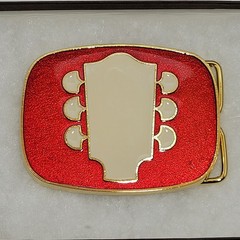 Vintage Headstock Belt Buckle TNN Red Enamel Gold Tone Retro Guitar Country 80s