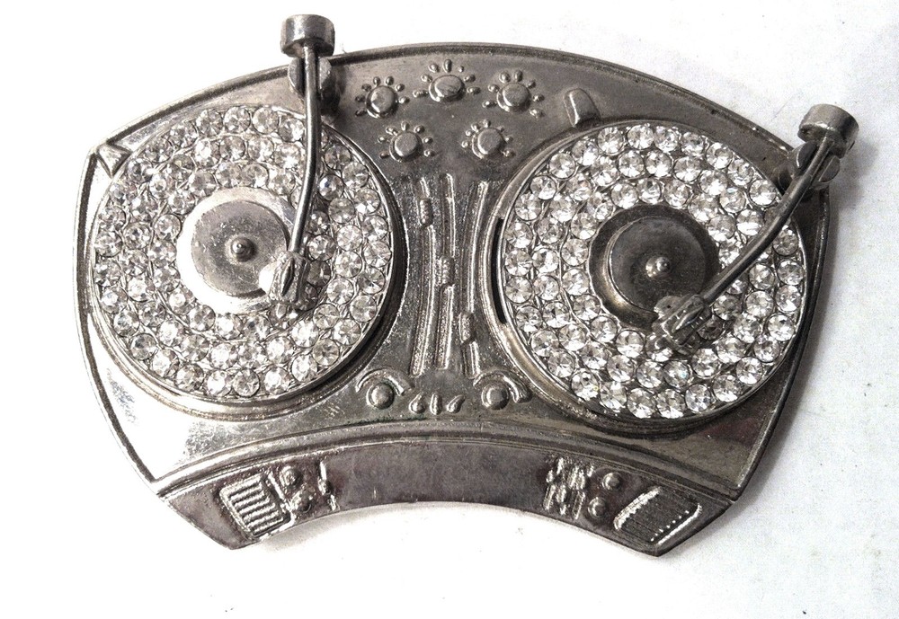 Turntables DJ Belt Buckle Blinged Silver Chrome Rhinestones New Unisex Hip Hop