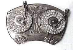 Turntables DJ Belt Buckle Blinged Silver Chrome Rhinestones New Unisex Hip Hop