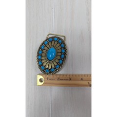 Belt Buckle Blue Faux Turquoise Western Oval Antiqued Gold Tone