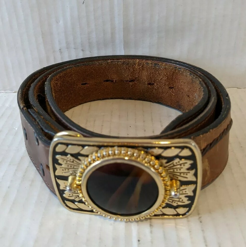 Western USA Leather Belt w/ Clue Dichroic Fused Glass Gold Colored Metal Buckle