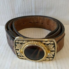 Western USA Leather Belt w/ Clue Dichroic Fused Glass Gold Colored Metal Buckle