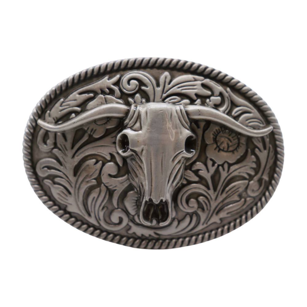 New Men Silver Metal Buckle Western Fashion Bull Long Horns Texas Cow Oval Shape