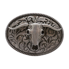 New Men Silver Metal Buckle Western Fashion Bull Long Horns Texas Cow Oval Shape