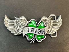 Irish Lucky Four 4 Leaf Clover W/ Wings Cutout Green & Silver Belt Buckle