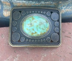 Vintage Teal Stone Belt Buckle Antique Gold Bronze Brass Turquoise Agate Inlay
